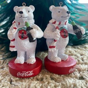 2 Christmas Ornaments Polar Bears Coca Cola Soda Bottle Scarf Bright Festive 3”